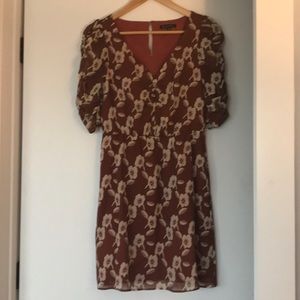 Rust-colored floral silk mini dress
